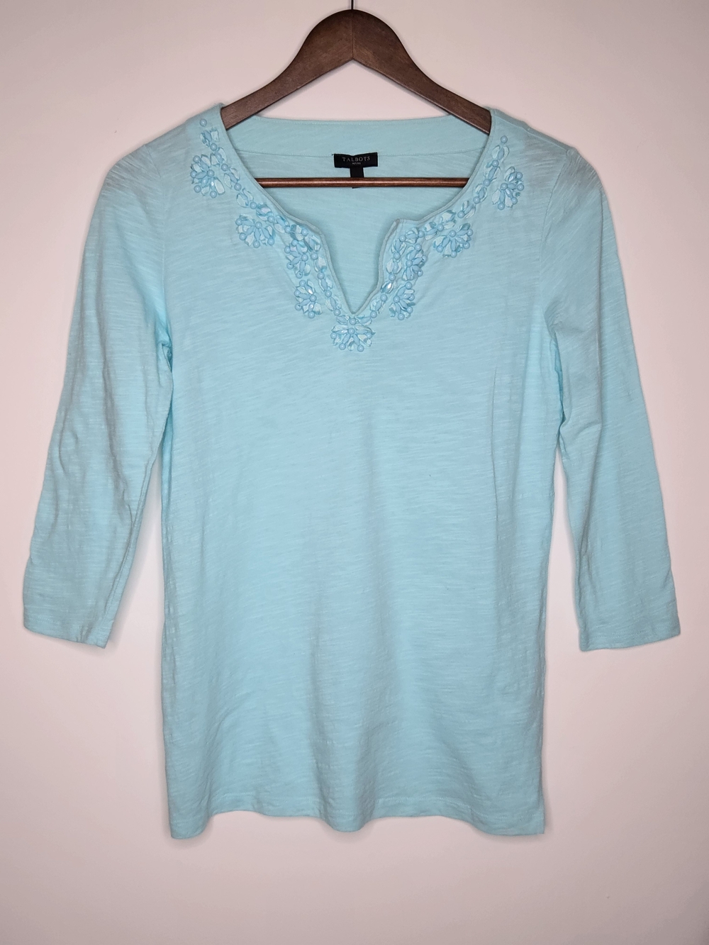 Talbots Light Blue Beaded Split-Neck 3/4 Sleeve Women’s Top SP